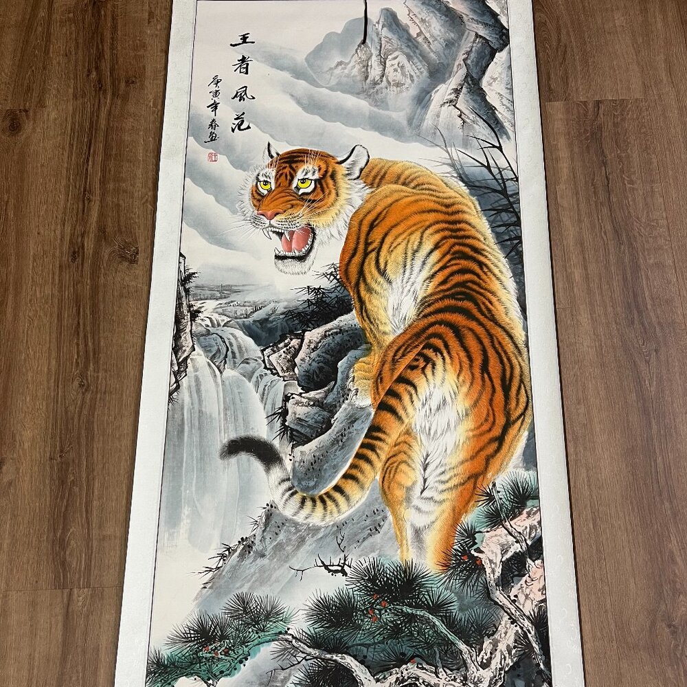 Asian Chinese Hanging Scroll Art Tiger Hand Painted 69" x 28"